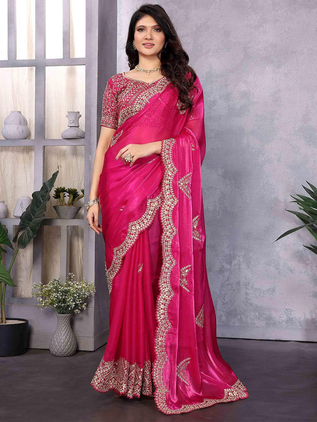 Women's Rani Pink Floral Embroidered Shimmer Chiffon Saree with Unstitched Blouse Piece