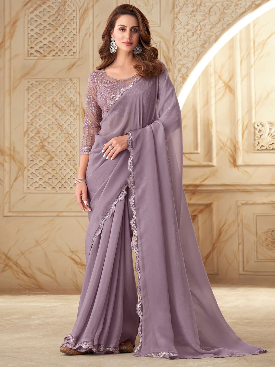 Women's Lavender Sequins Embroidered Georgette Saree with Unstitched Blouse Piece