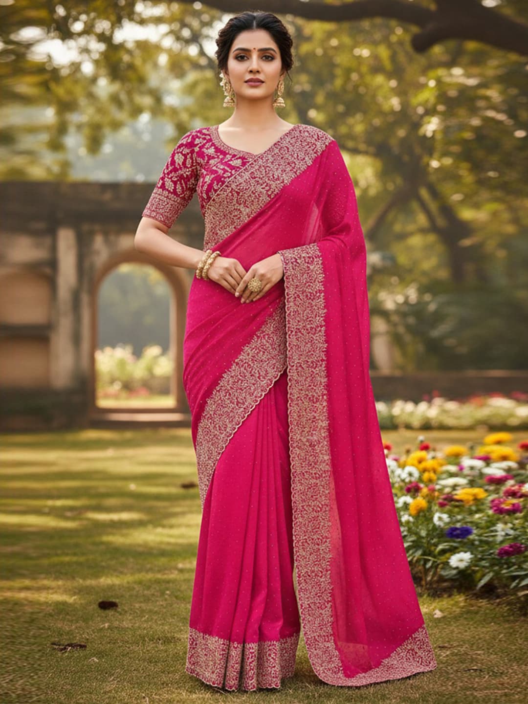 Women's Pink Zari Embroidered Vichitra Silk Saree with Unstitched Blouse Piece