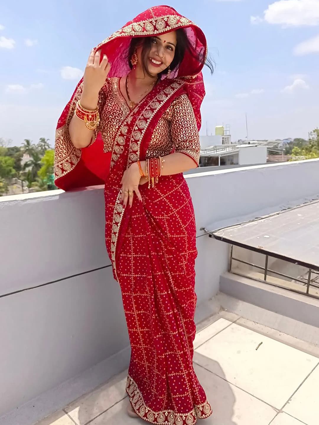 Women's Red Bandhani Printed Vichitra Silk Saree with Unstitched Blouse Piece