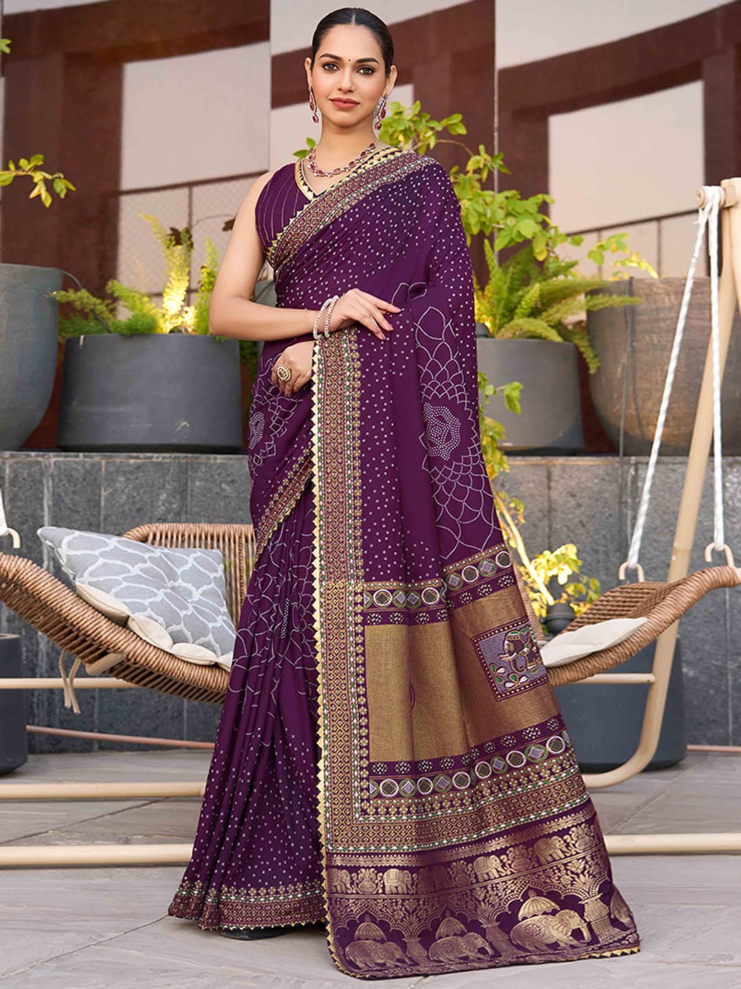 Women's Wine Bandhani Foil Printed Cotton Silk Saree with Lace Border and Unstitched Blouse Piece