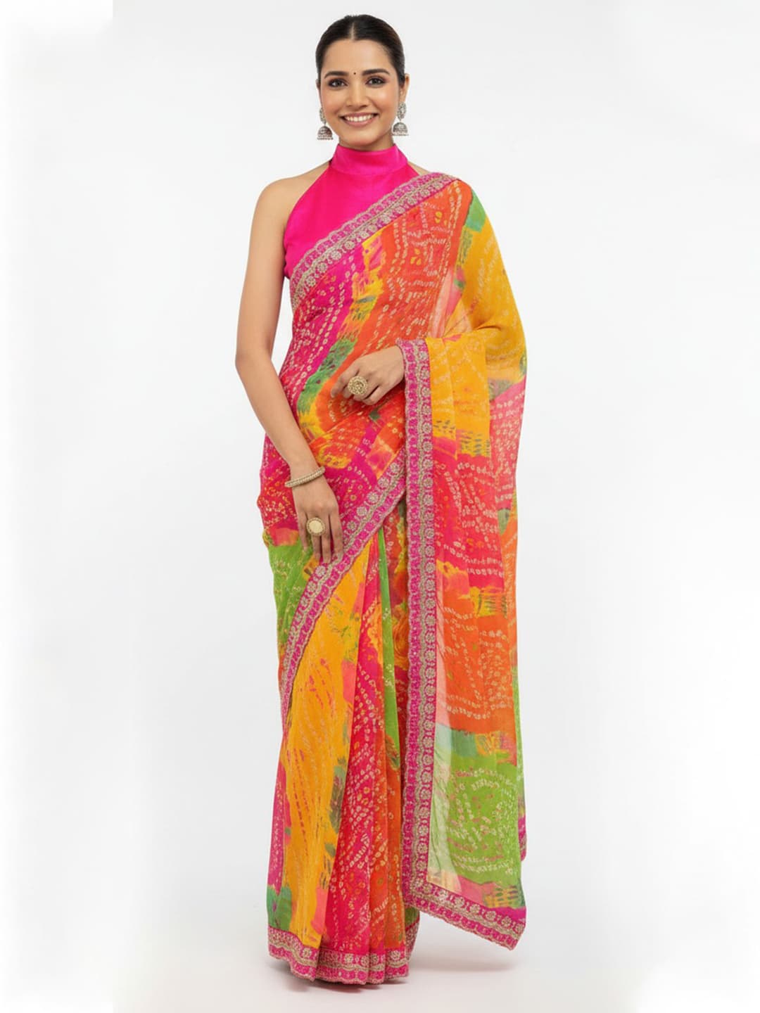 Women's Multicolor Bandhani Printed Georgette Saree with Unstitched Blouse Piece