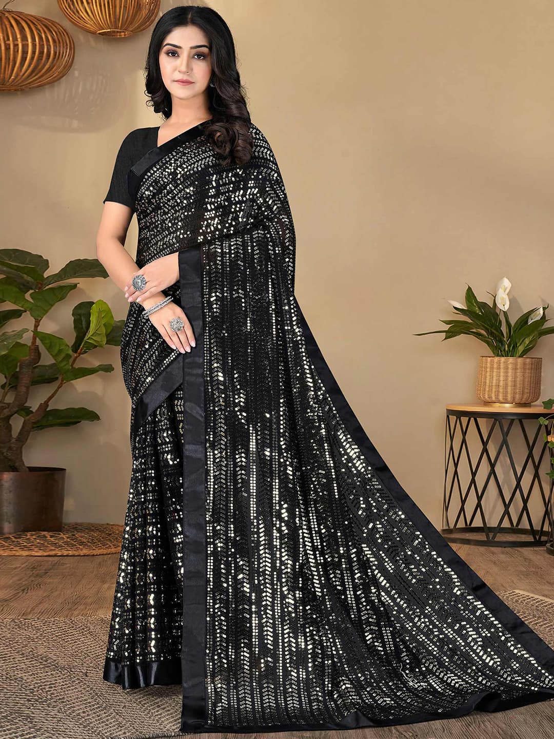 Women's Black Sequins Embroidered Georgette Saree with Unstitched Blouse Piece