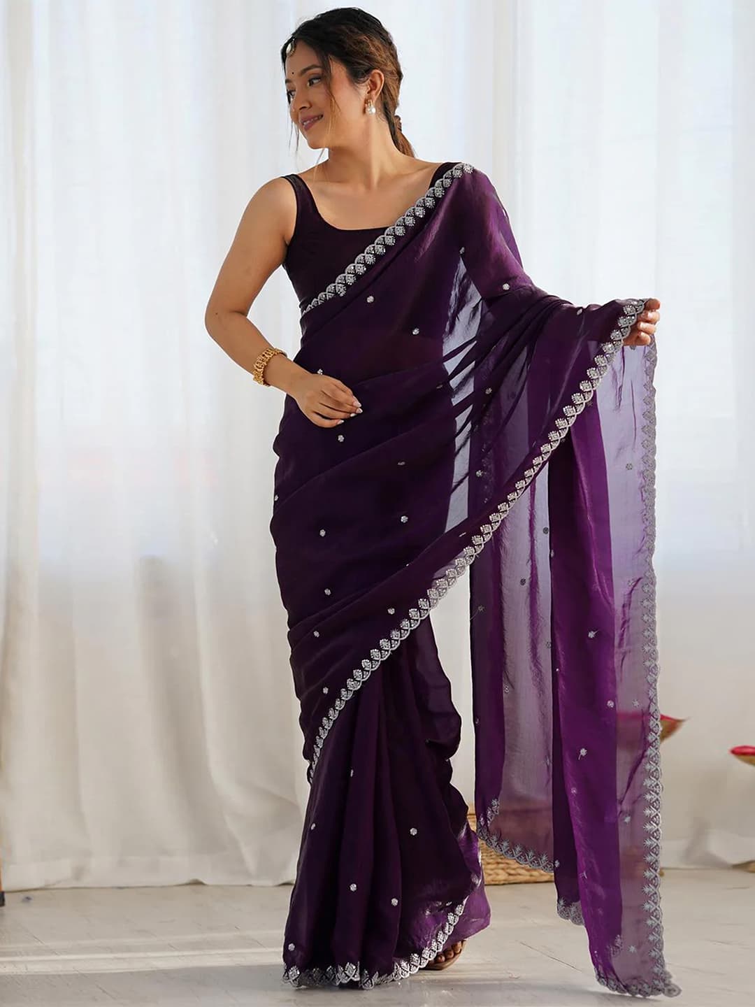 Women's Dark Purple Floral Sequin Zari Embroidery Organza Satin Silk Saree with Unstitched Blouse Piece