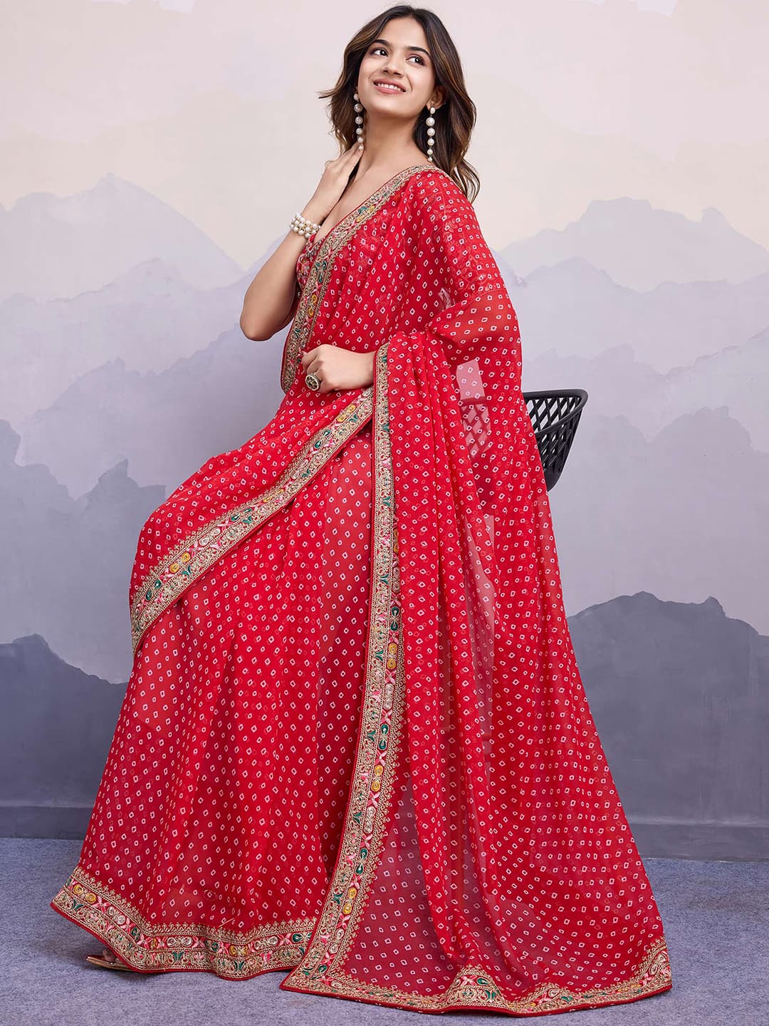 Women's Red Bandhani Printed Georgette Saree with Unstitched Blouse Piece