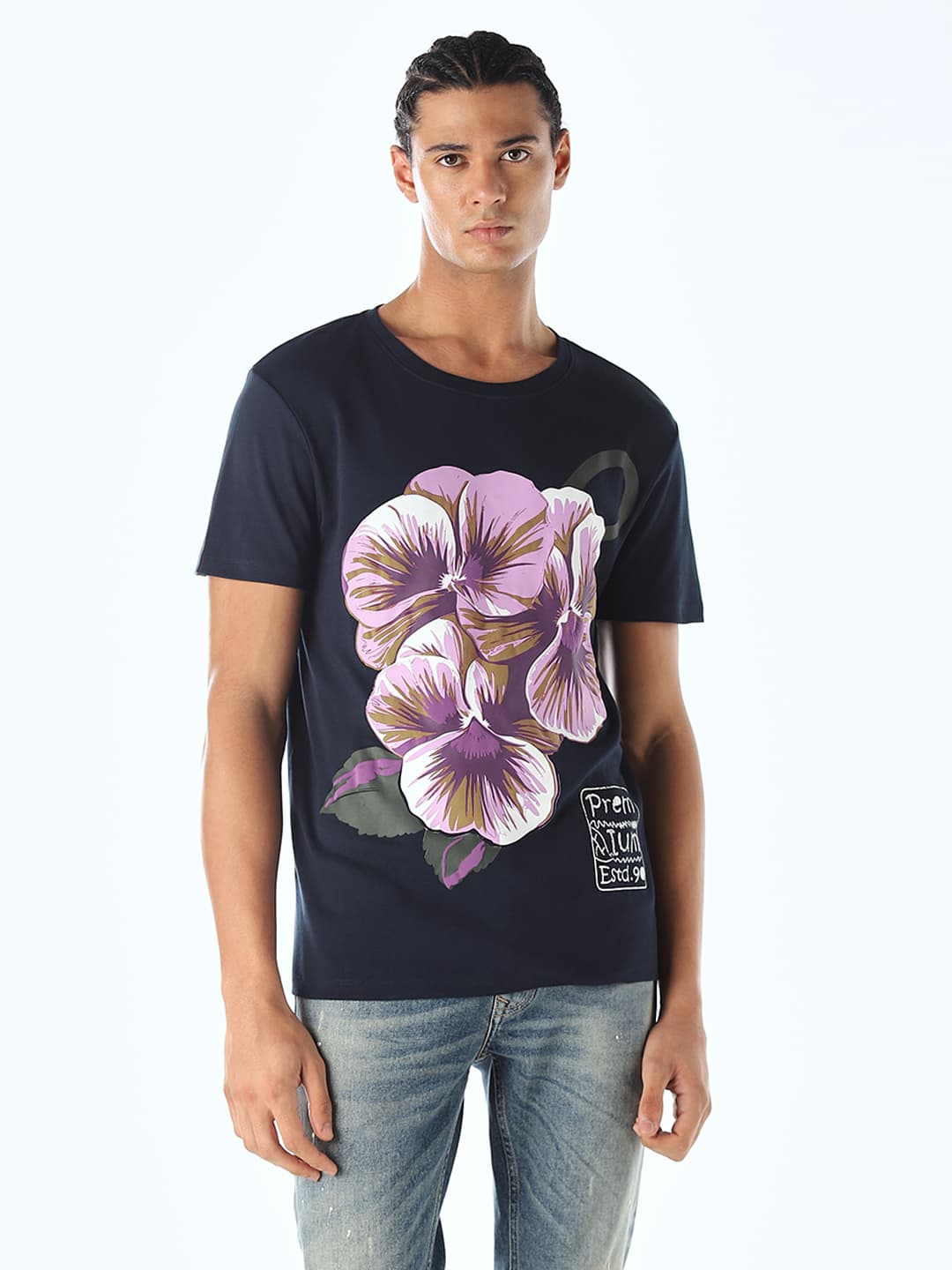 Men Navy Blue Casual Half Sleeves Tshirt