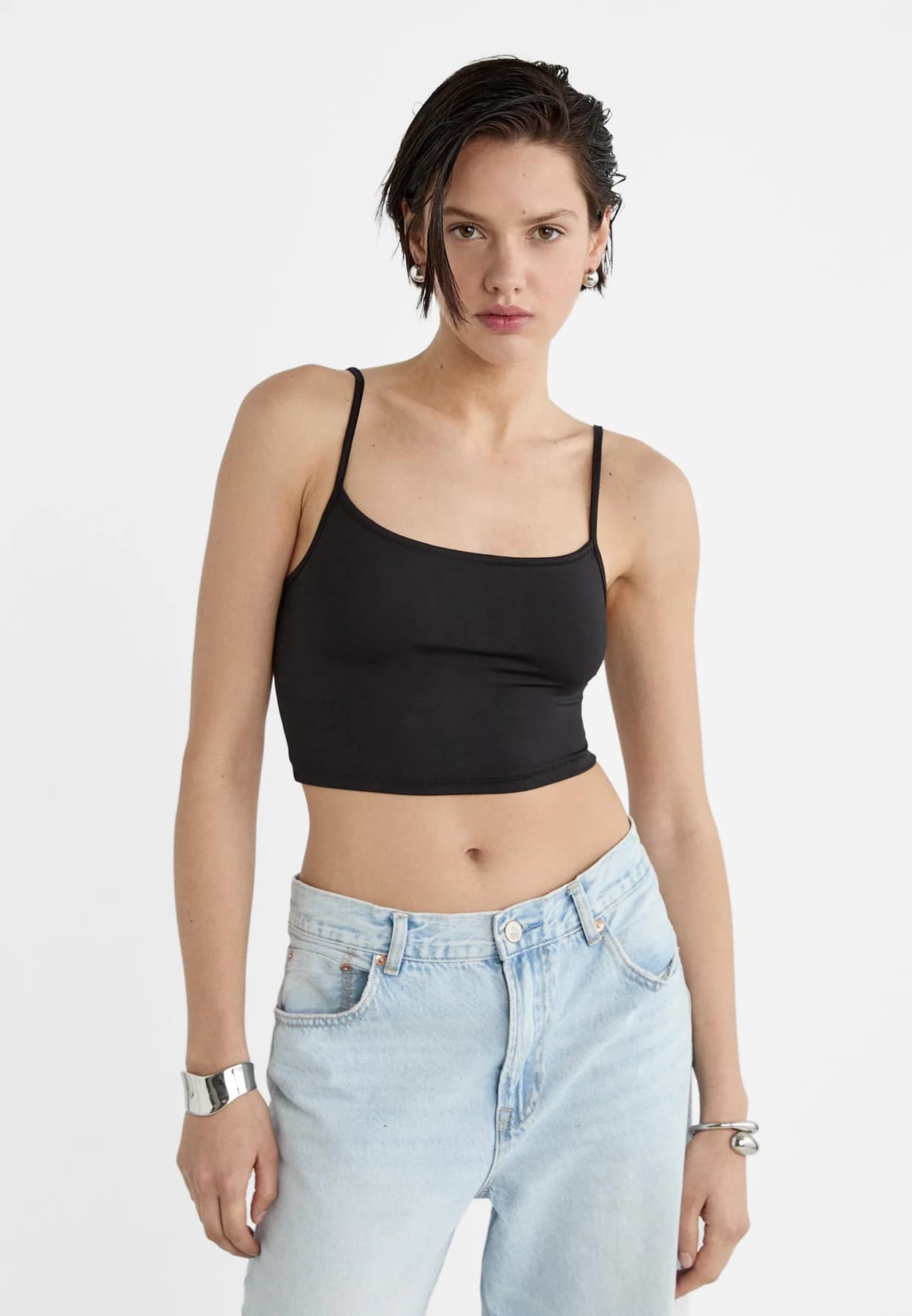 Women's Black Casual Solid Square Neck Strappy Crop Top