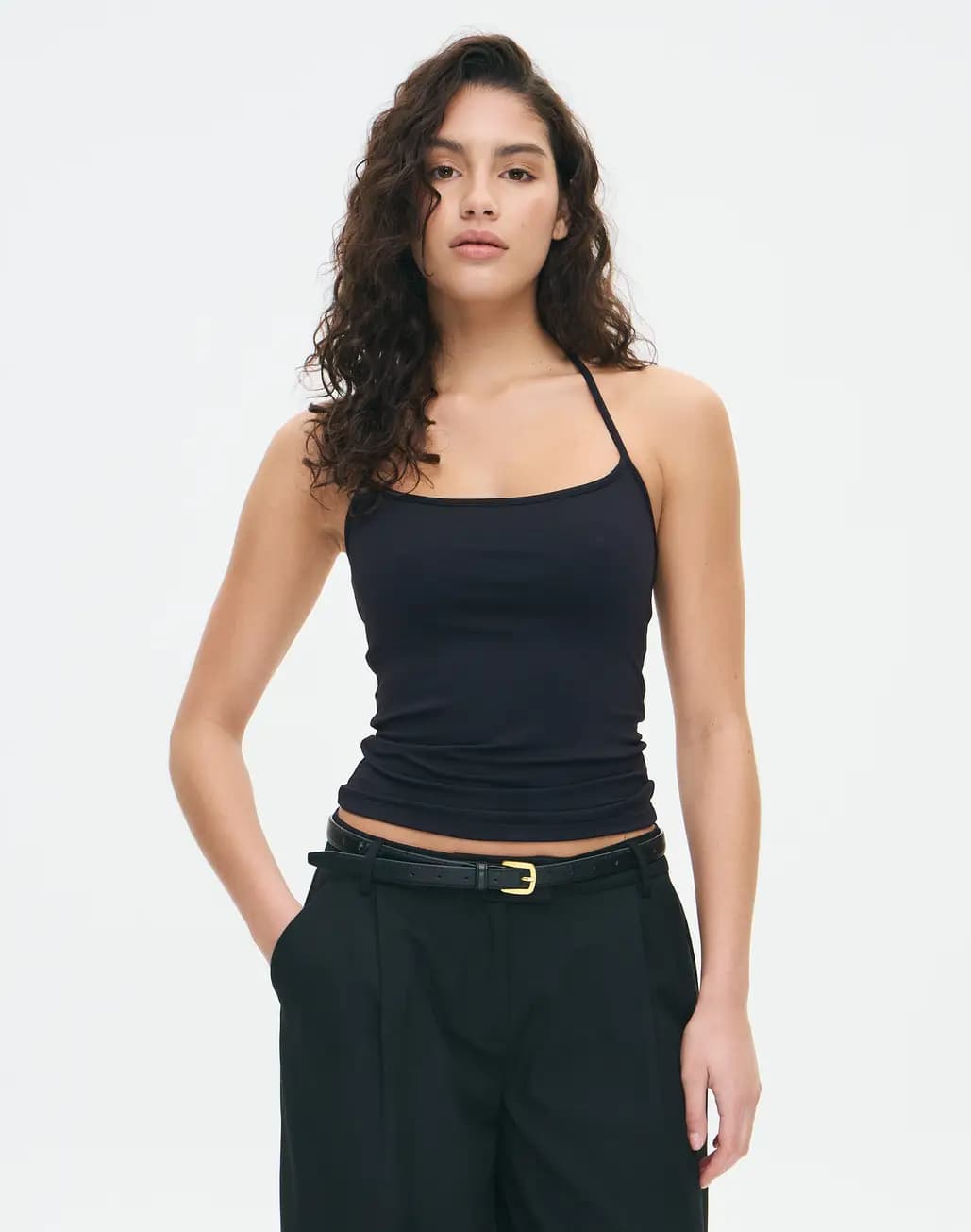 Women's Black Casual Solid Tie Halter Top