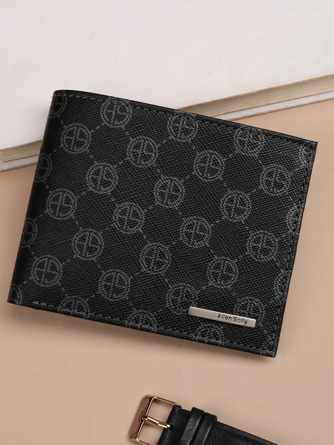 Men's Black Casual Textured Leather Two Fold Wallet