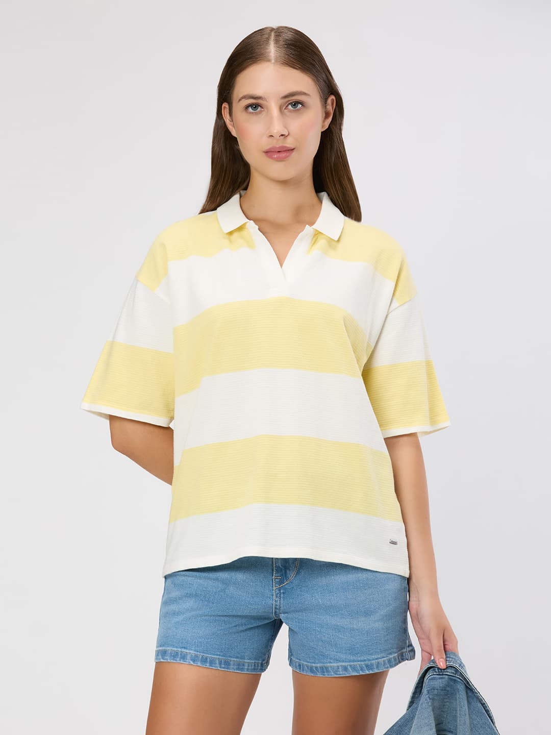 Women's Yellow Casual Half Sleeves Striped Polo Tshirt