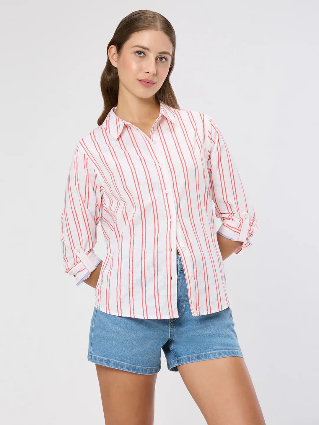 Women's Red Casual Full Sleeves Striped Shirt