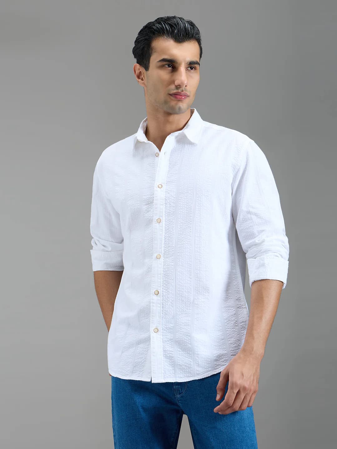 Men's White Casual Full Sleeves Solid Cotton Shirt