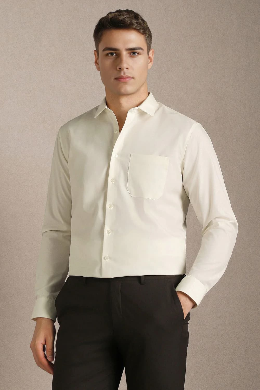 Men's Beige Formal Solid Cotton Shirt