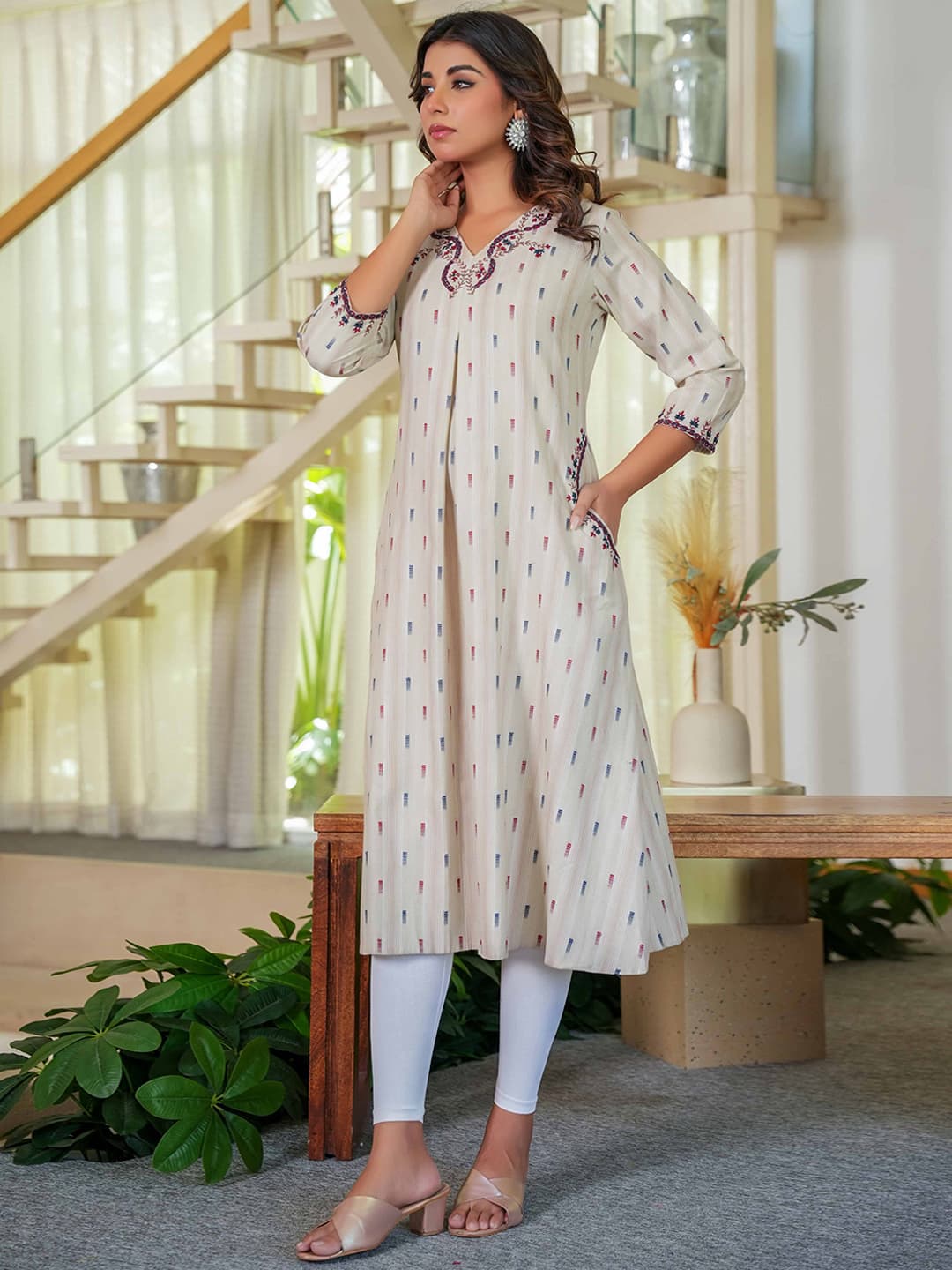 Women's Beige Embroidered A-Line Pure Cotton Woven Kurti