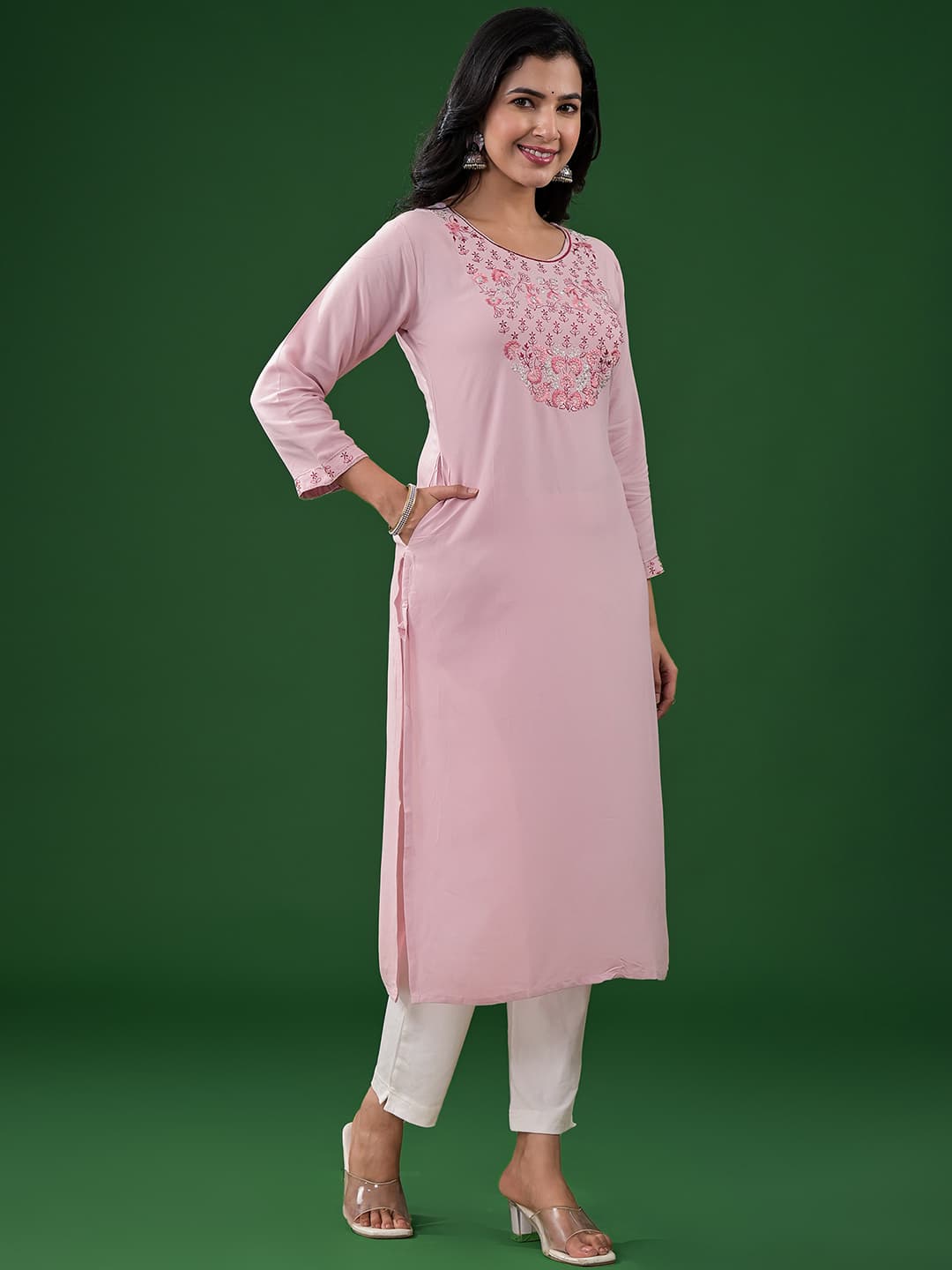 Women's Pink Yoke Embroidered Rayon Straight Kurti