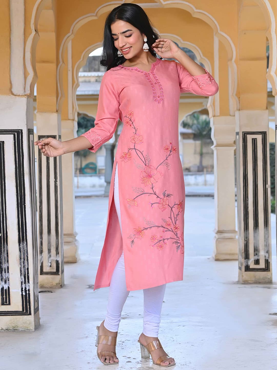 Women's Pink Floral Embroidered Rayon Straight Kurti