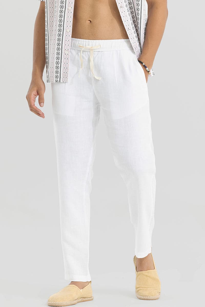 Men's Ace White Casual Solid Linen Trouser
