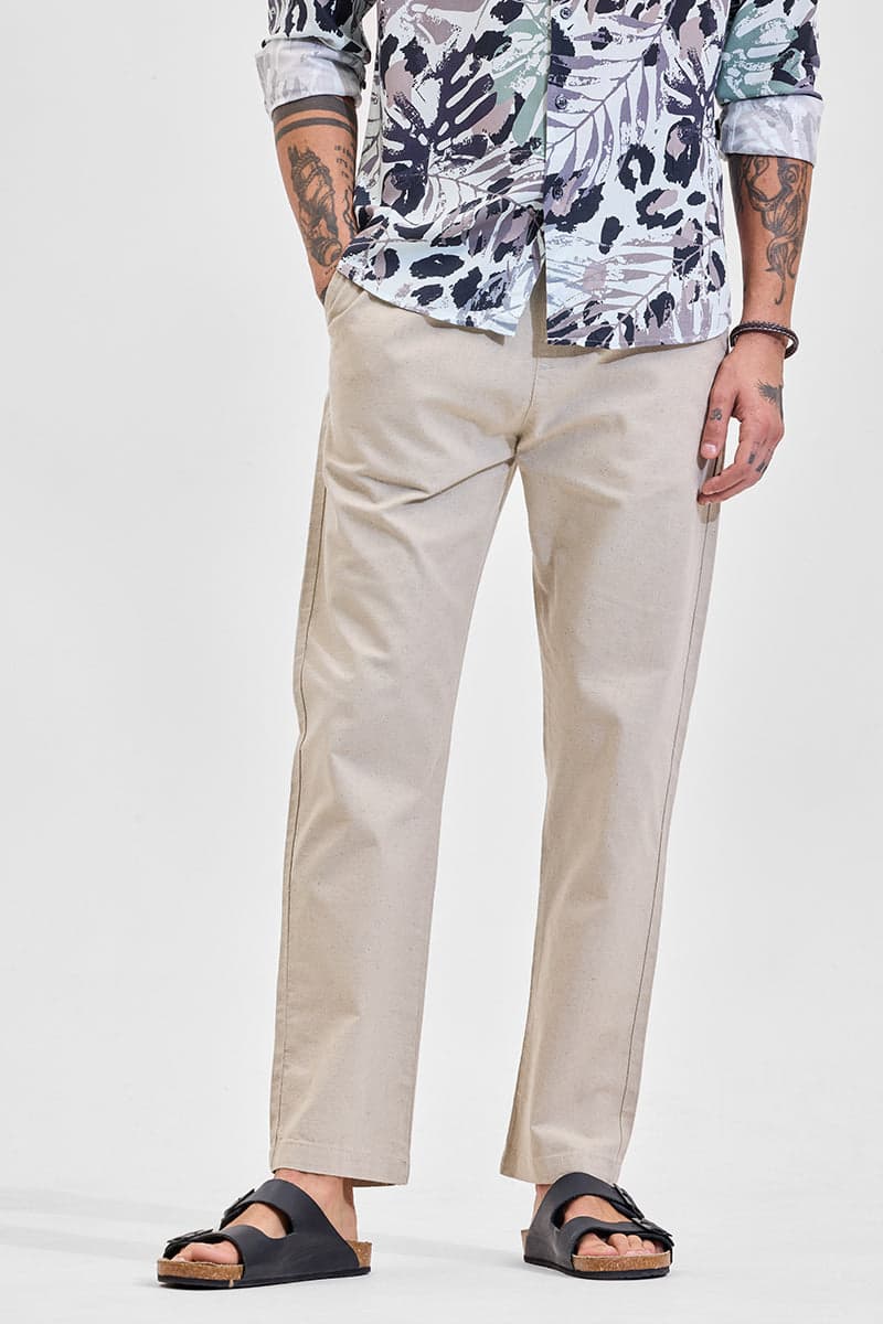 Men's Beige Casual Wafty Beige Linen Trouser