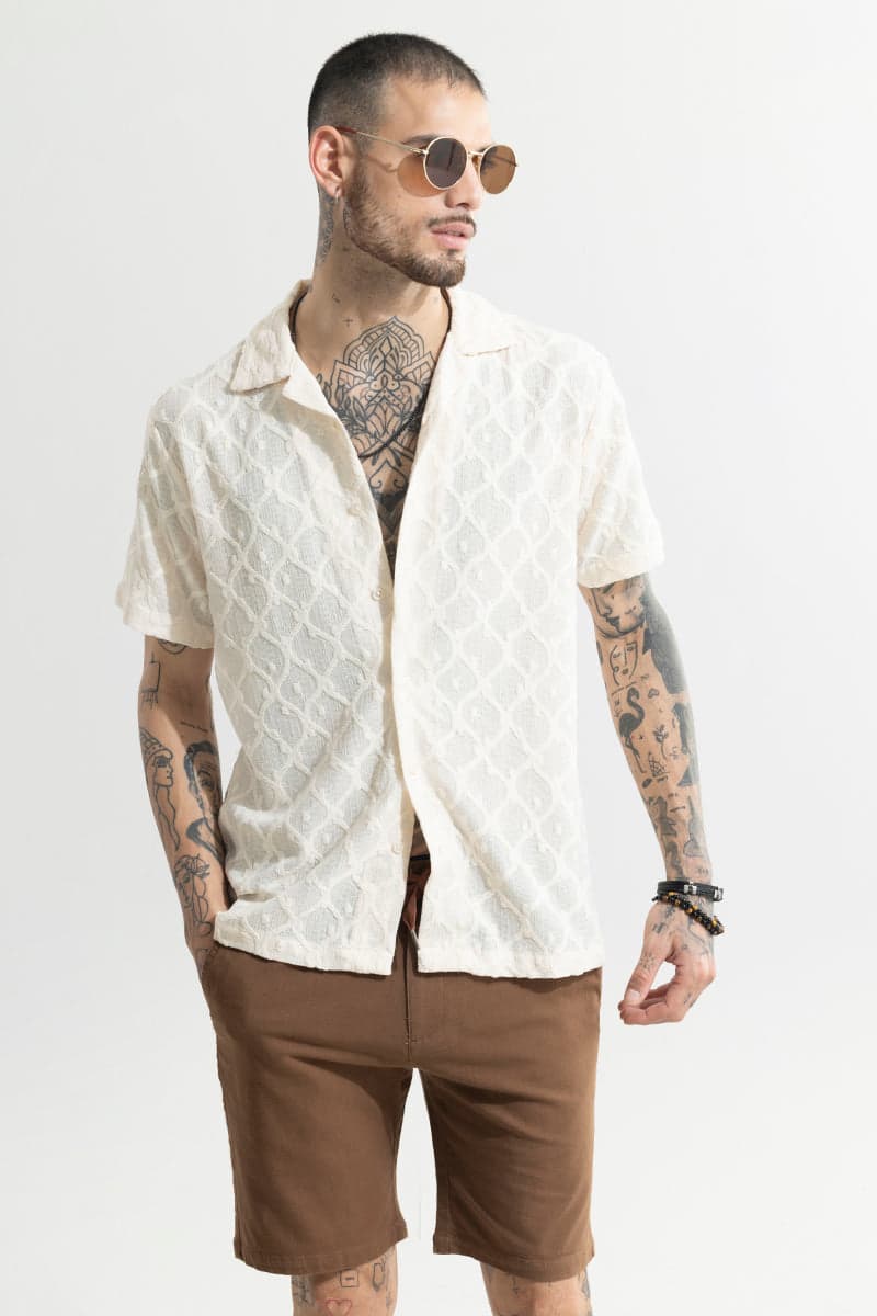 Men's White Casual Textured Half Sleeves Shirt