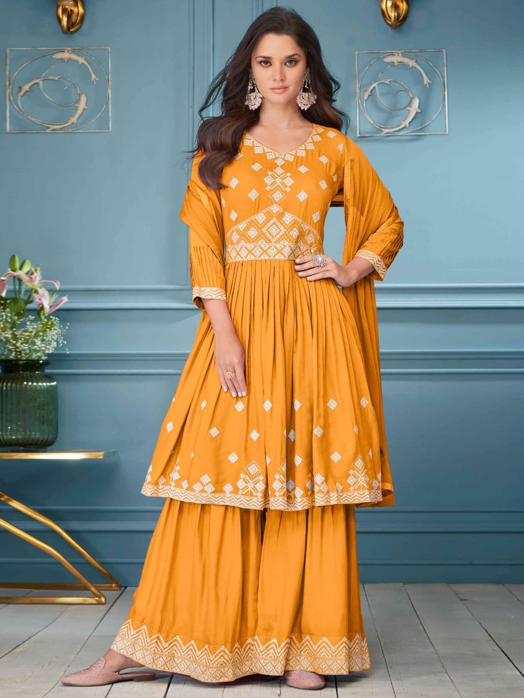 Women's Orange Festive Regular Fit Three Quarter Sleeves Salwar Suit