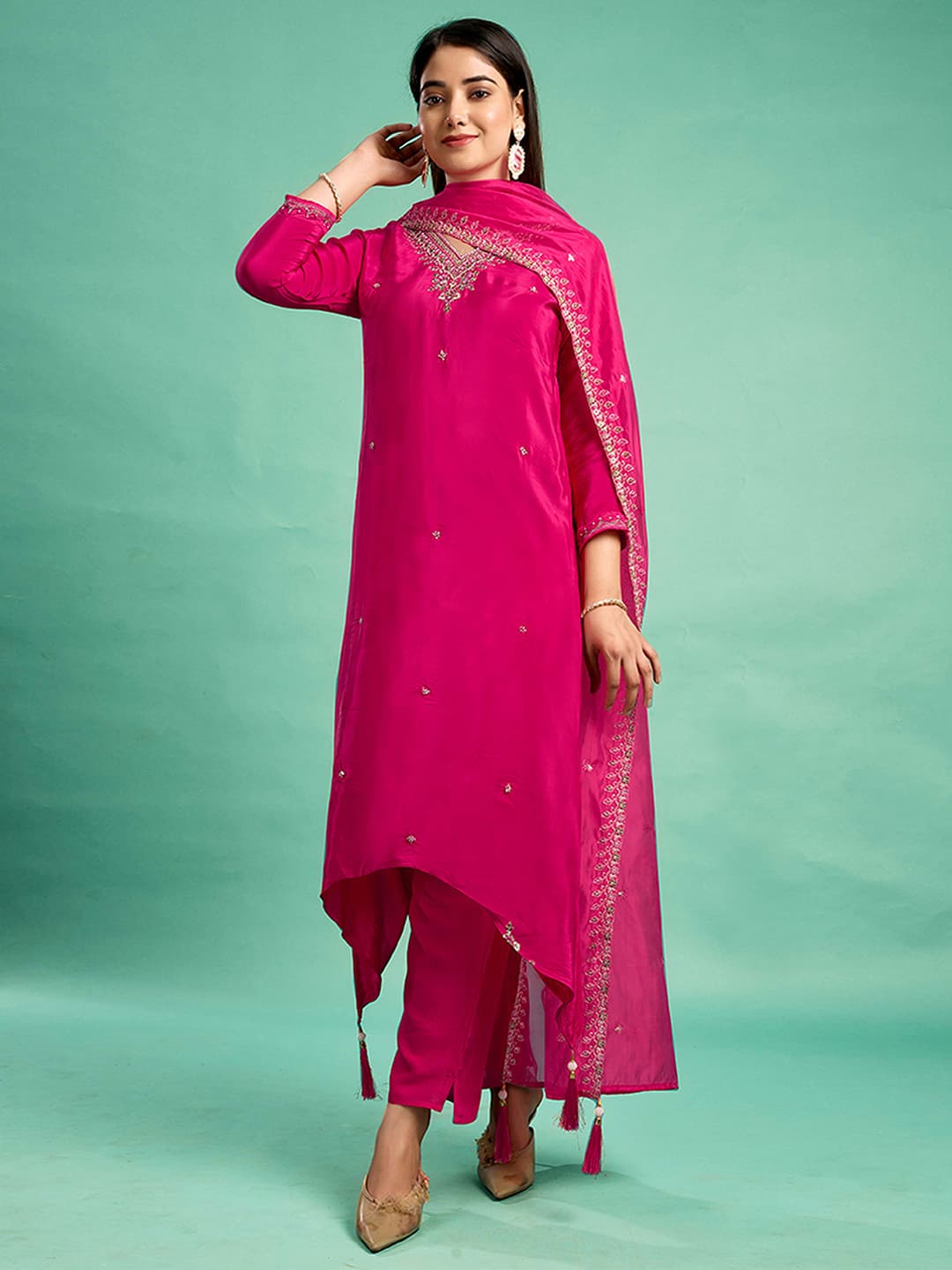 Women's Pink Festive Regular Fit Three Quarter Sleeves Salwar Suit