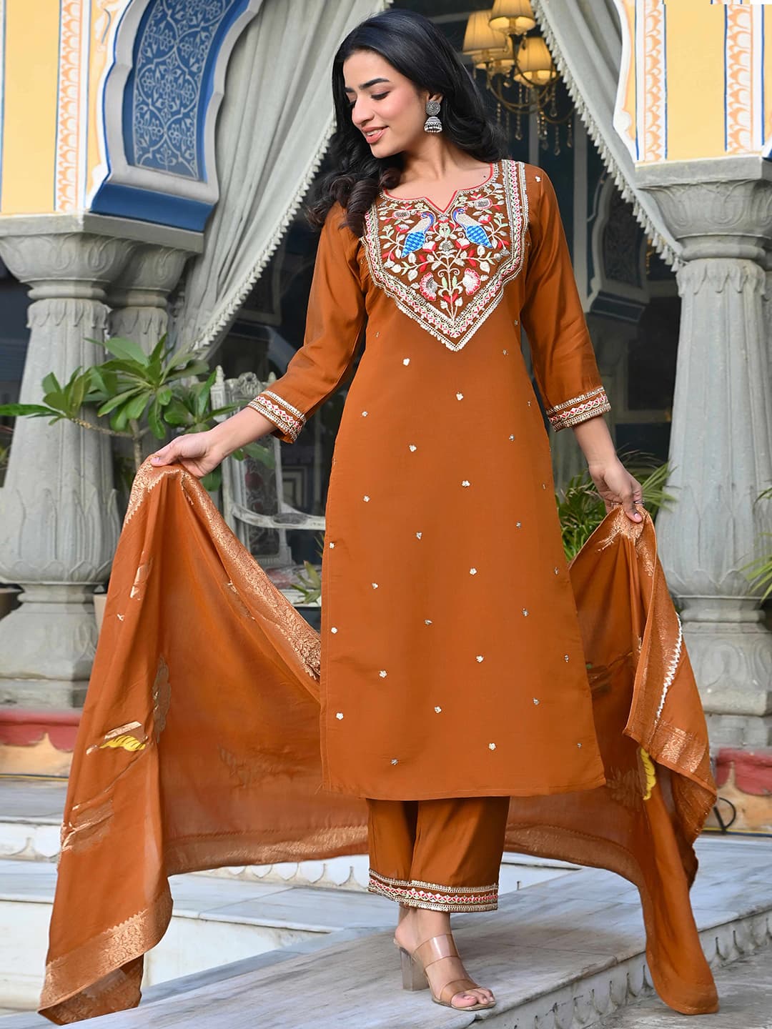 Women's Brown Festive Regular Fit Three Quarter Sleeves Salwar Suit
