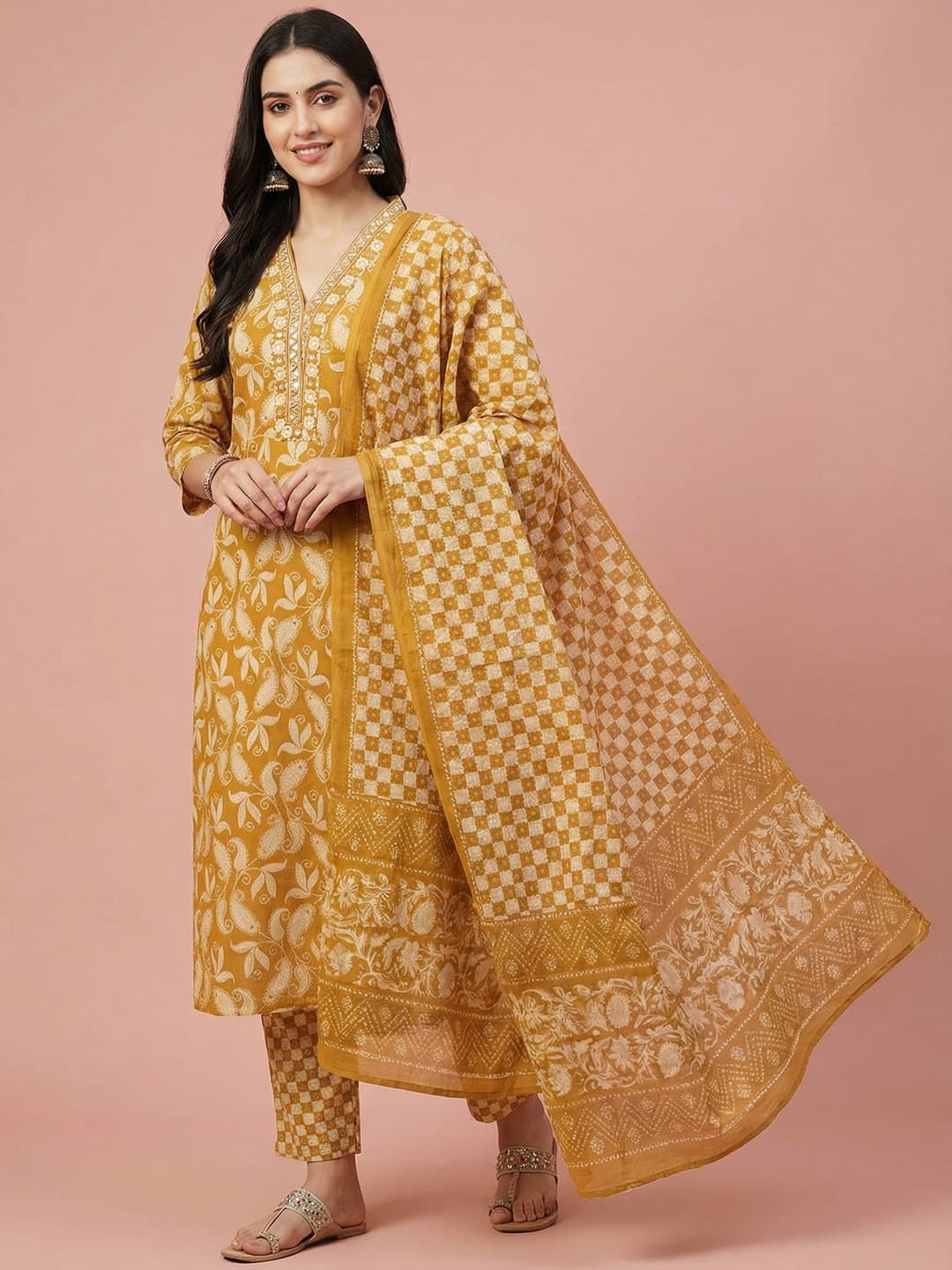 Women's Yellow Festive Regular Fit Three Quarter Sleeves Salwar Suit