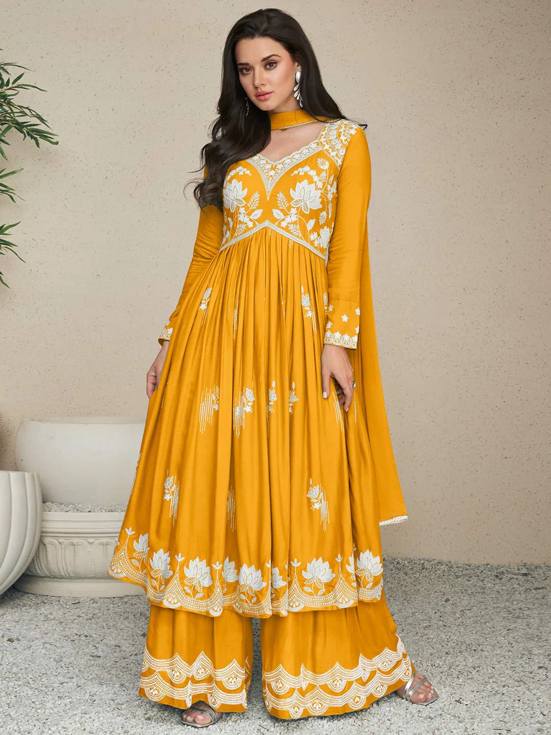 Women's Yellow Festive Regular Fit Three Quarter Sleeves Salwar Suit