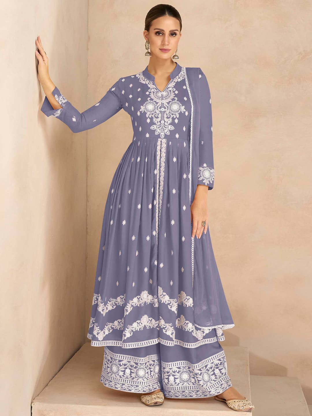 Women's Grey Festive Regular Fit Three Quarter Sleeves Salwar Suit
