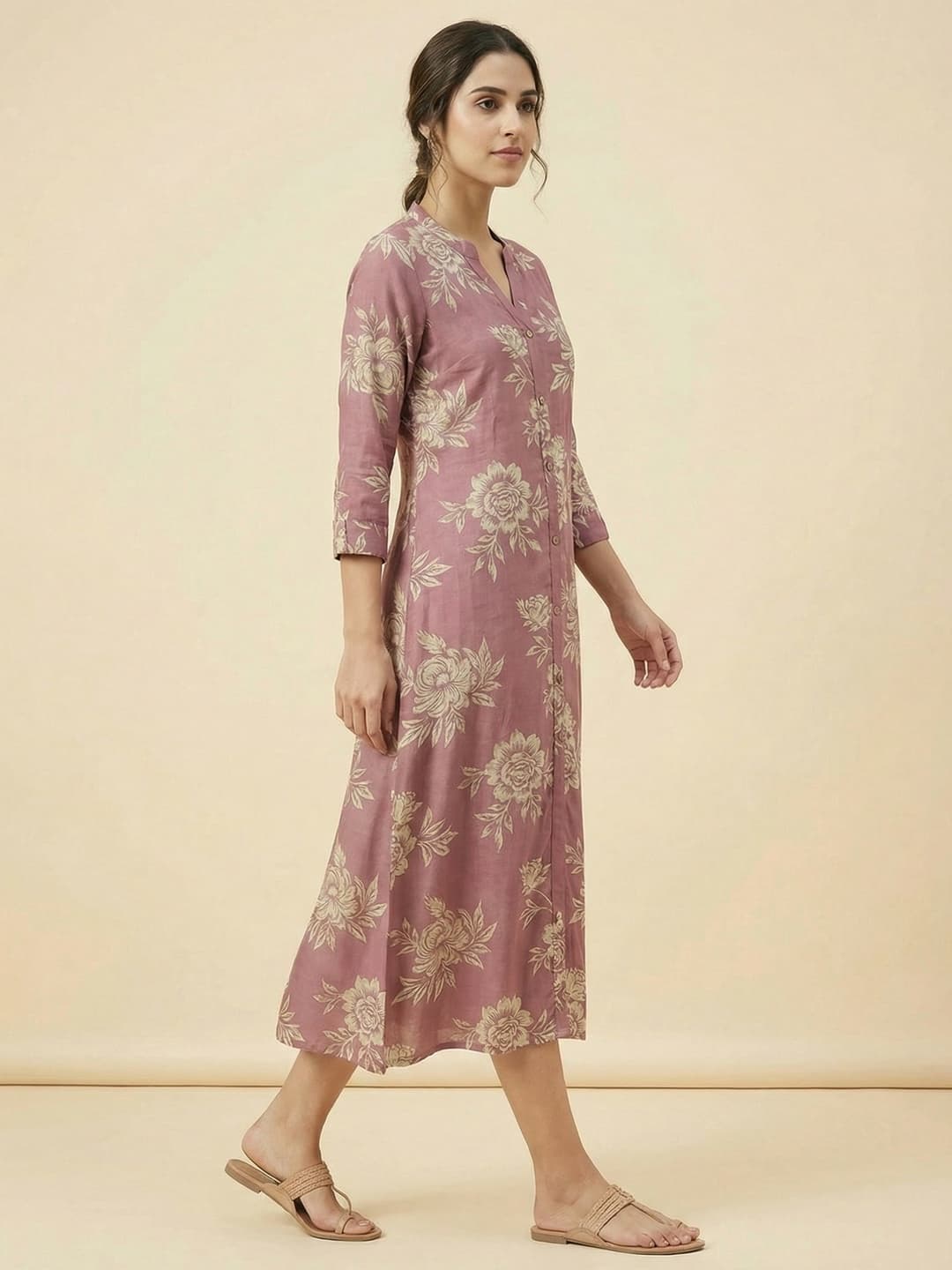 Women's Pink Floral Printed Viscose A-Line Dress