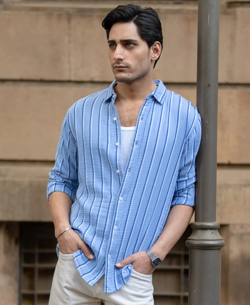Men's Blue Casual Full Sleeves Striped Cotton Shirt