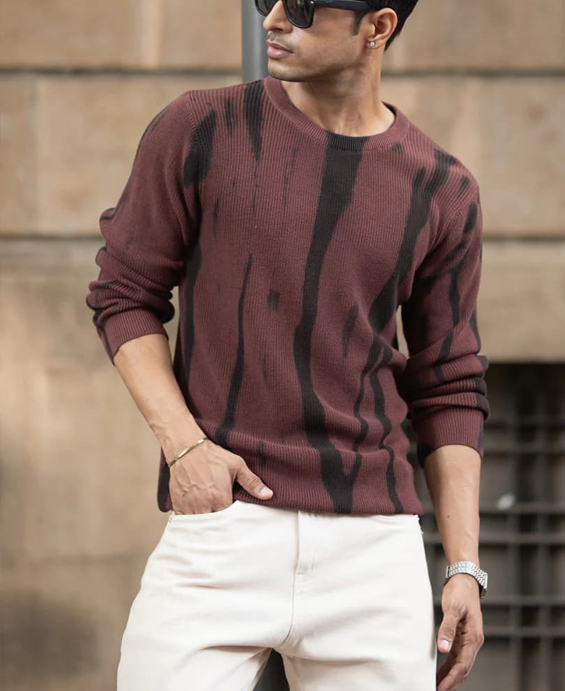 Men's Brown Casual Printed Round Neck Sweater