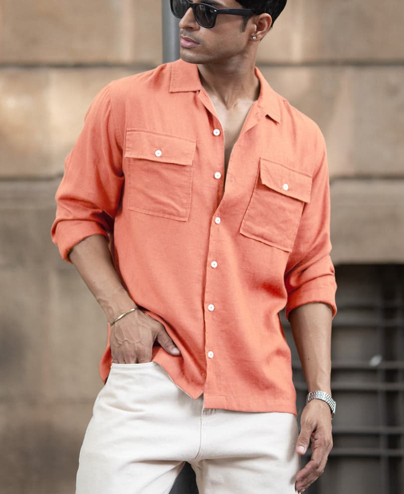 Men's Orange Casual Full Sleeves Solid Linen Blend Shirt