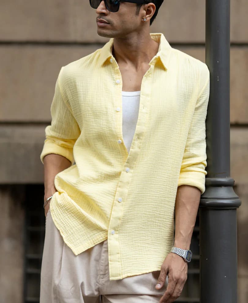 Men's Yellow Casual Full Sleeves Solid Cotton Shirt