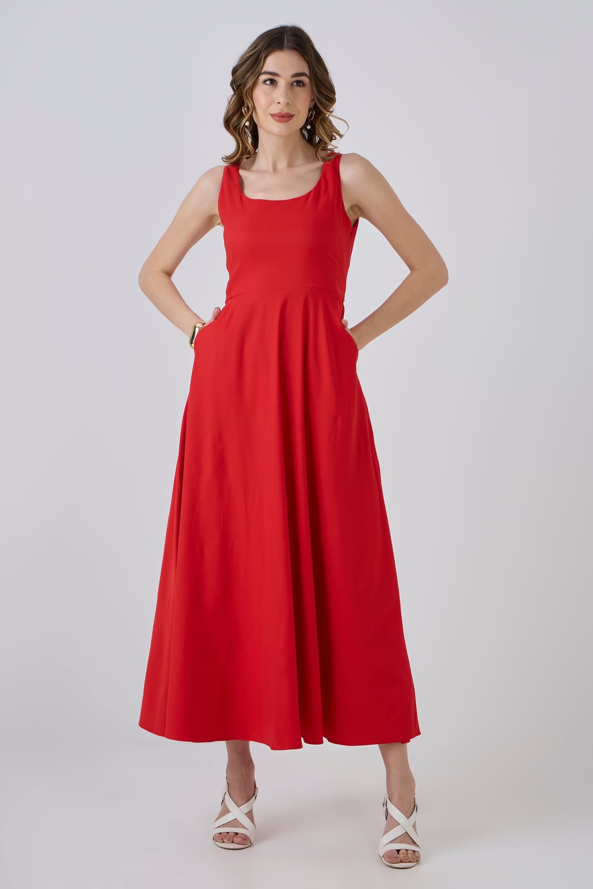 Women's Red Casual Sleeveless Fit & Flared Scarlett Rouge Pocket Dress