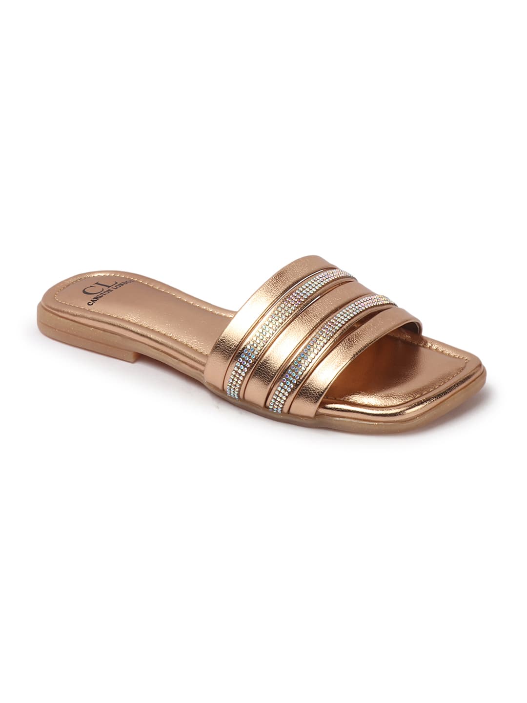 Women's Rose Gold Casual Embellished Multi-Strap Flat Slides