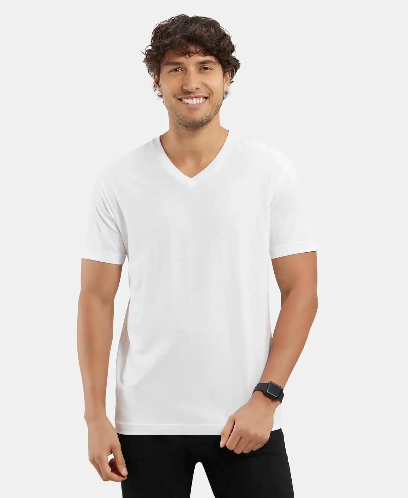 Men's White Casual Solid Super Combed Cotton Rich V-Neck Tshirt
