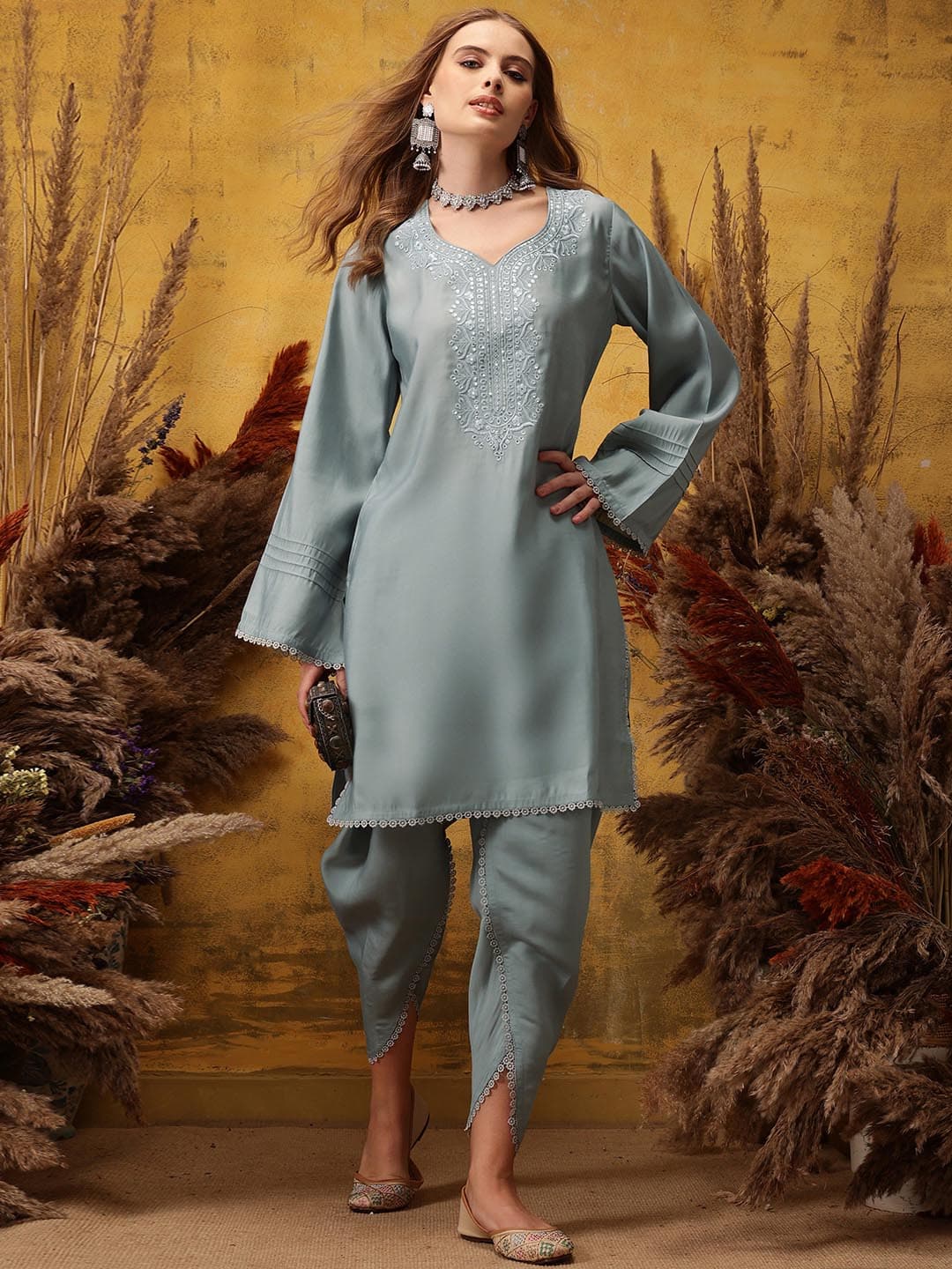 Women's Grey Casual Full Sleeves Kurta Set