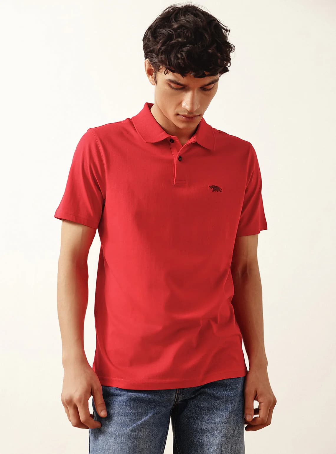Men's Red Casual Solid Half Sleeves Polo Tshirt