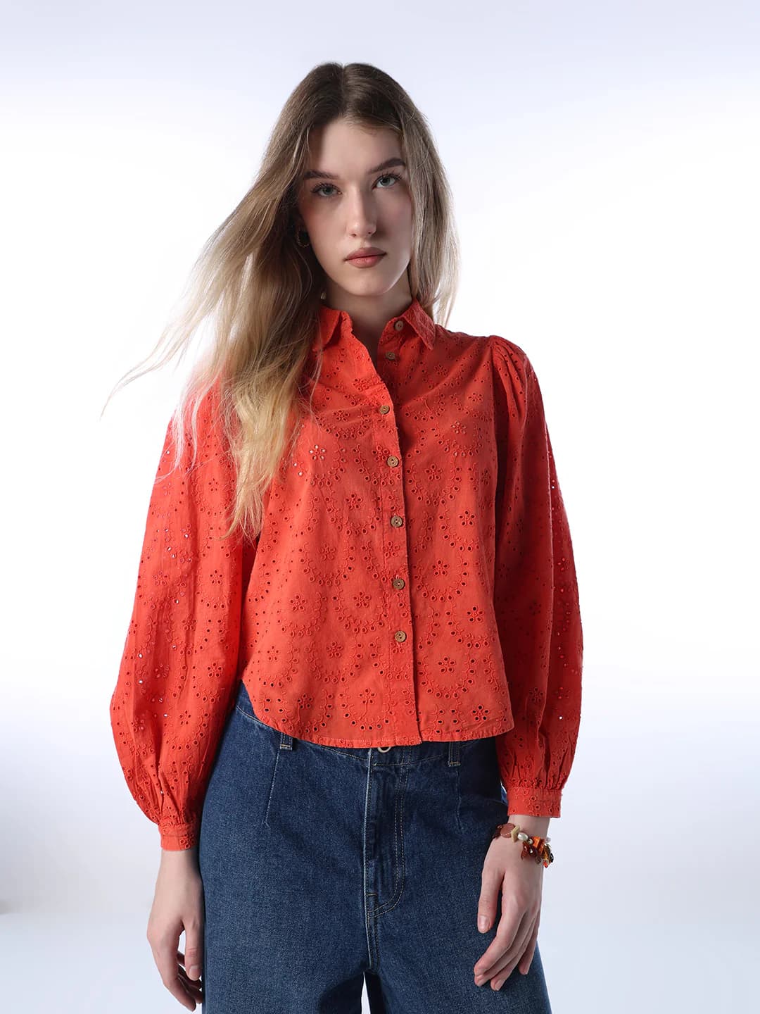 Women's Red Casual Self Design Full Sleeves Shirt