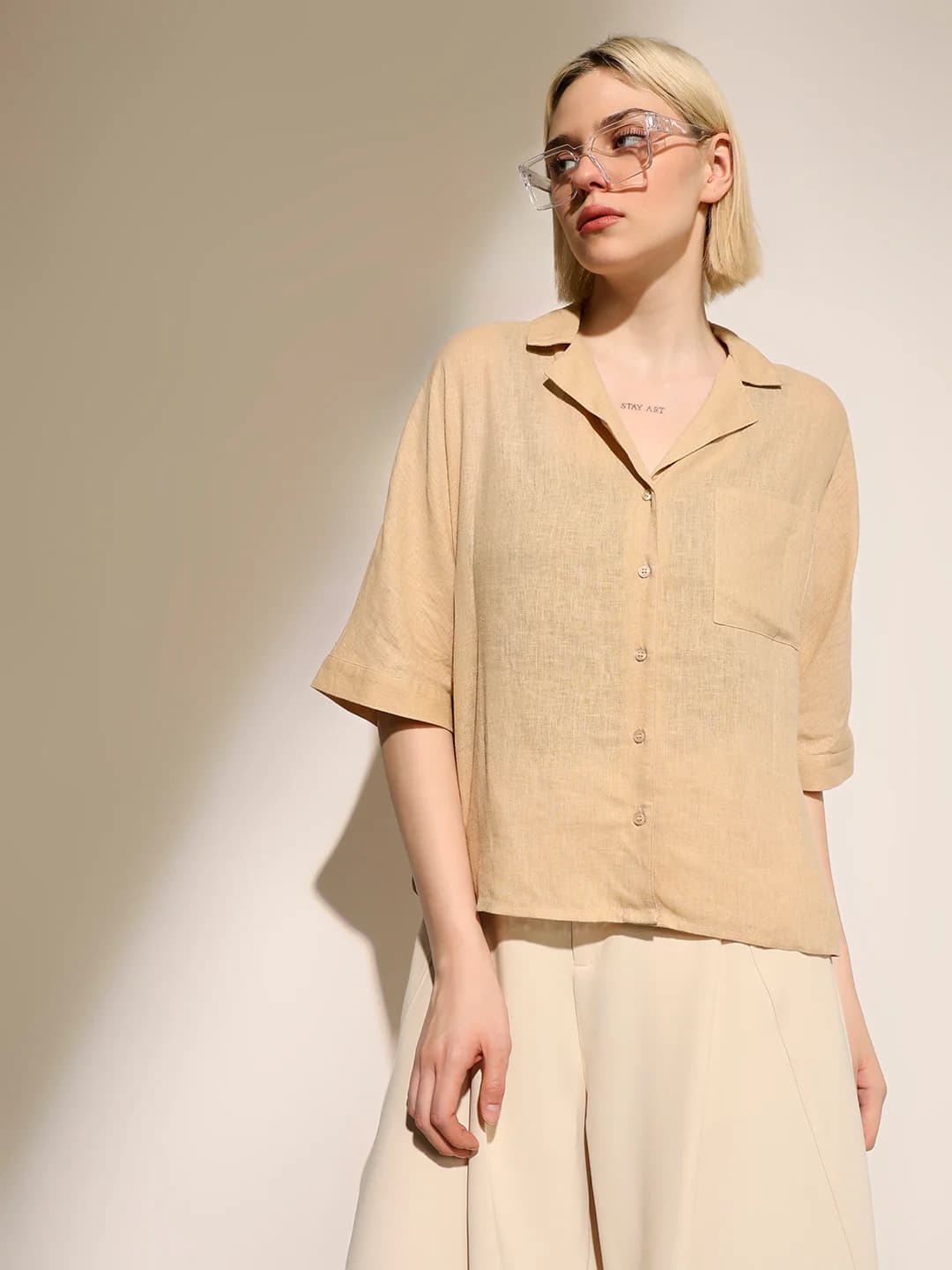 Women's Beige Casual Solid Half Sleeves Shirt