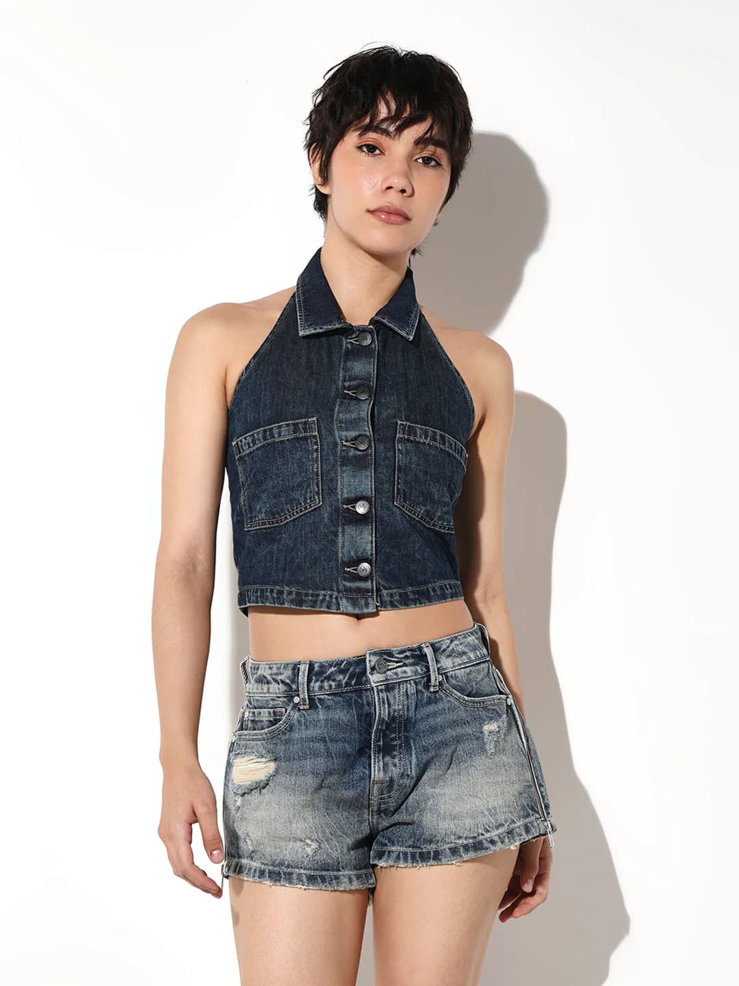 Women's Blue Casual Solid Sleeveless Top