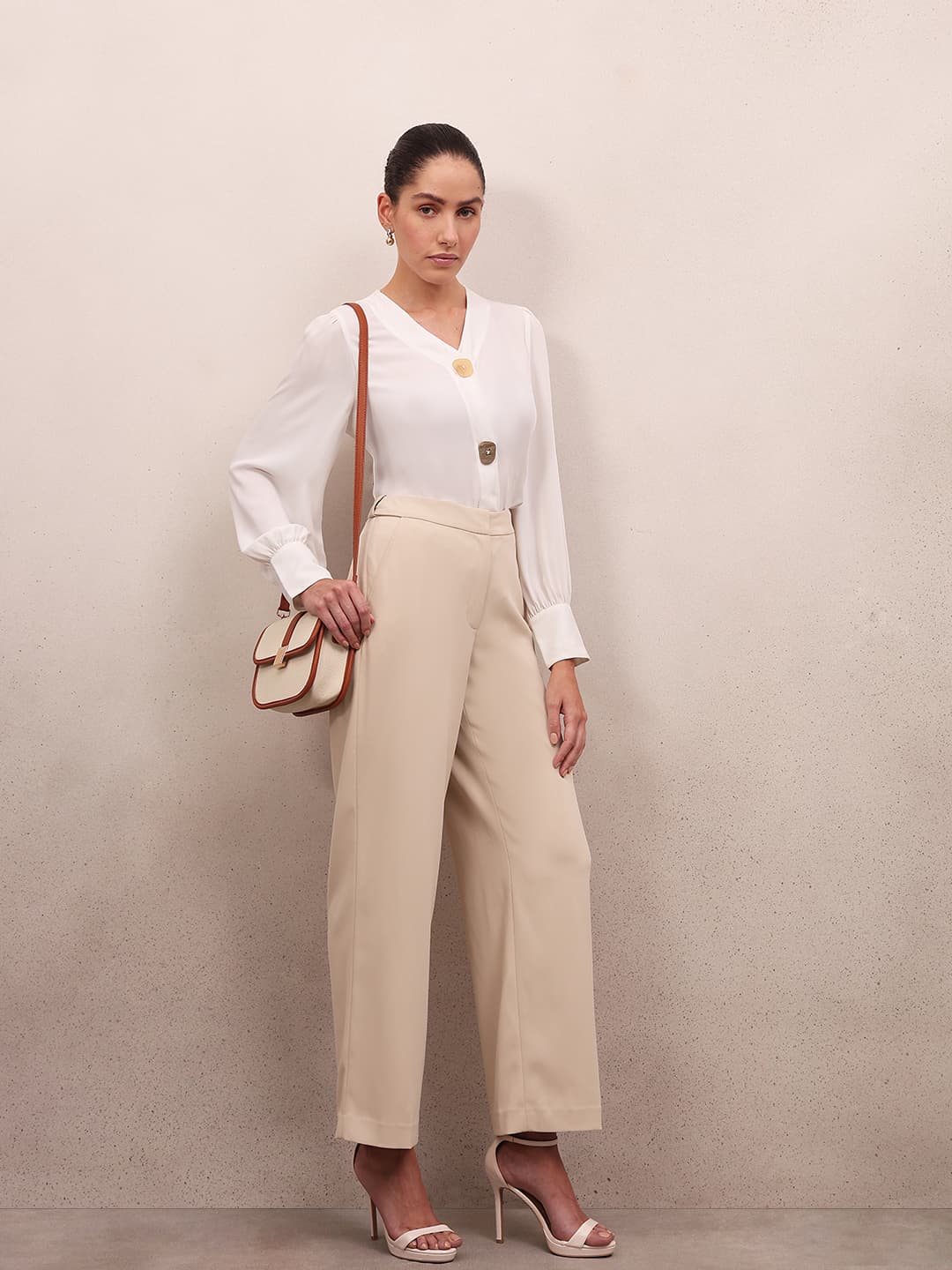 Women Beige Casual Solid Flared Fit Trouser