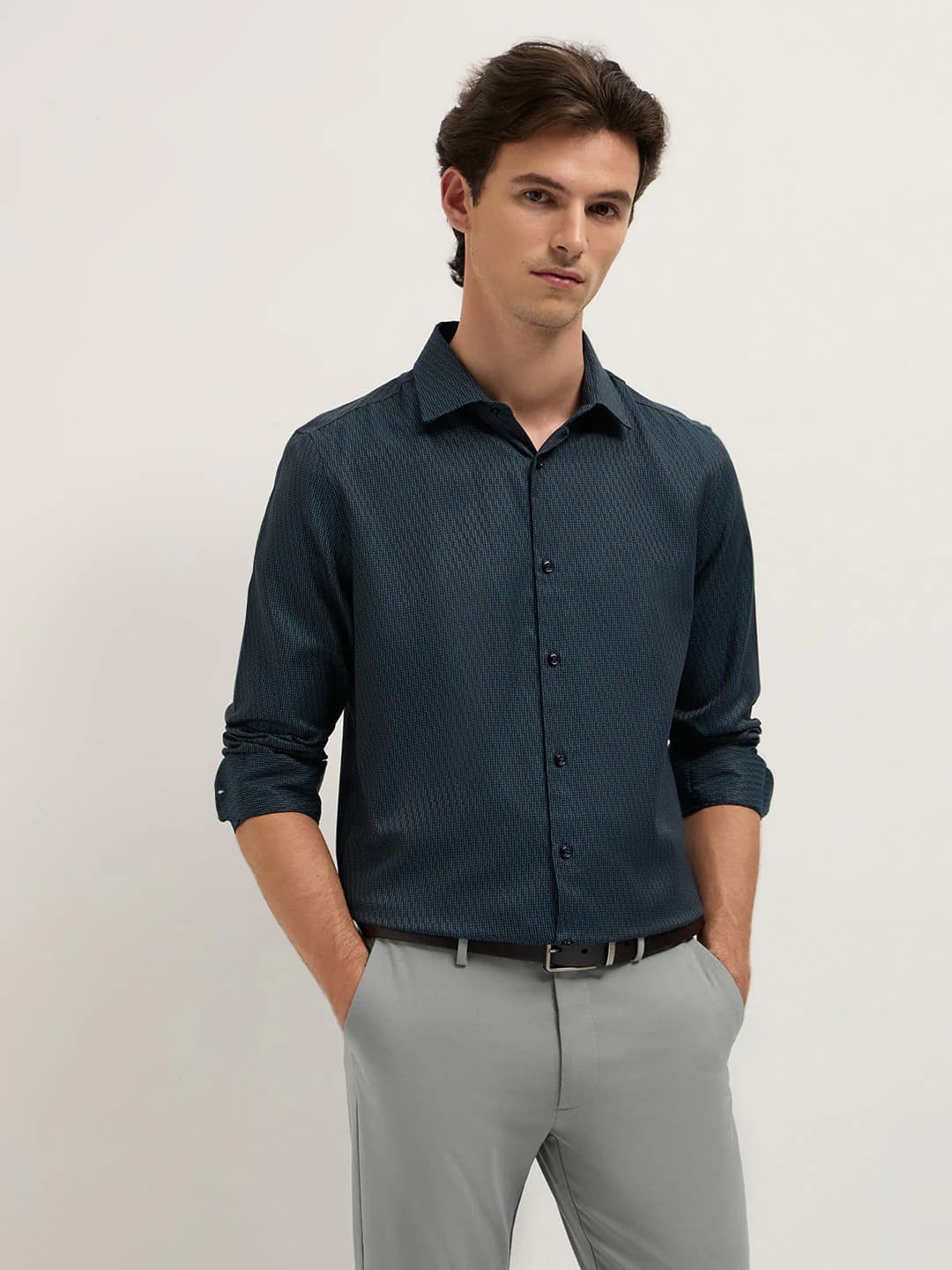 Men's Blue Woven Design Tailored Fit Formal Shirt