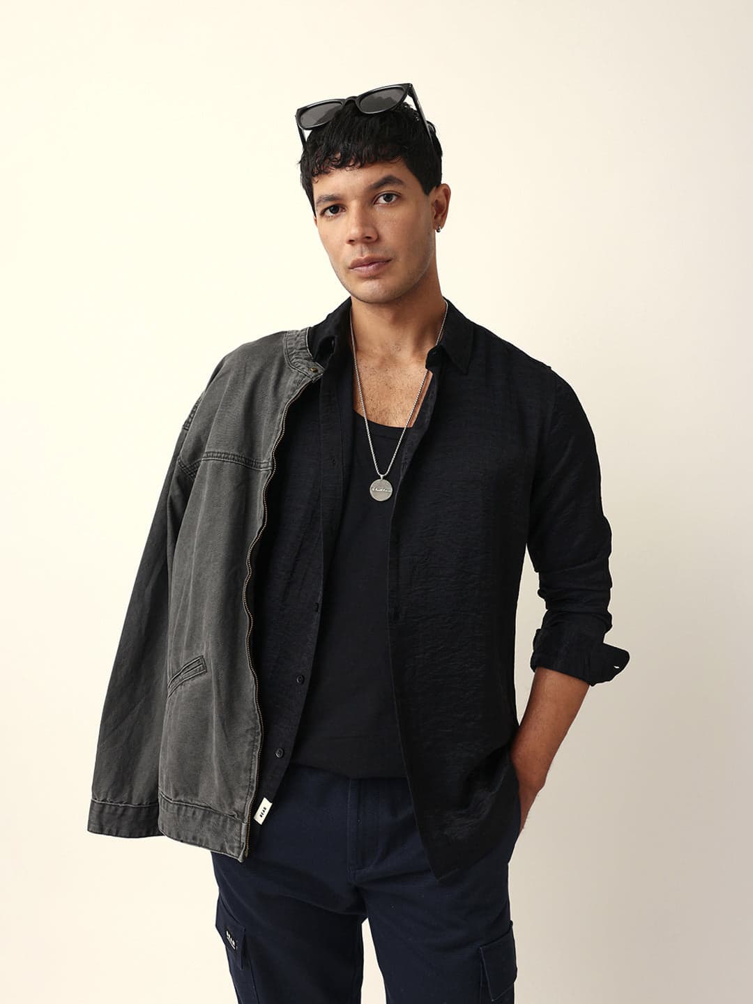 Men's Black Crinkle Textured Slim Fit Casual Shirt