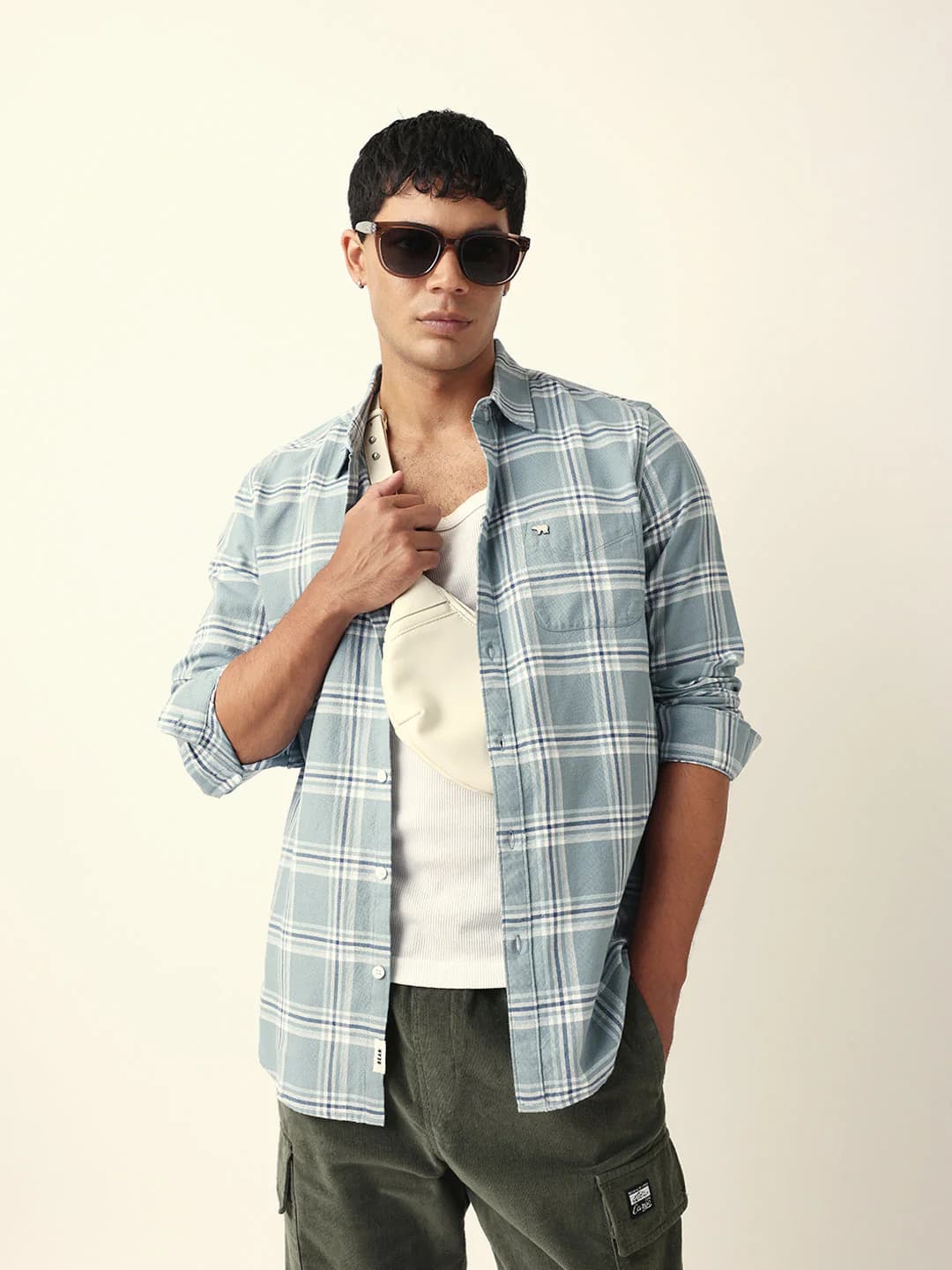 Men's Blue Woven Tartan Checked Slim Fit Casual Cotton Shirt