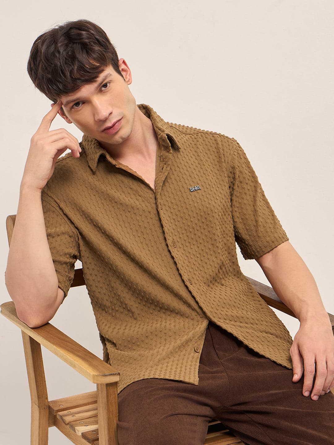 Men's Green Textured Woven Oversized Fit Half Sleeve Casual Shirt