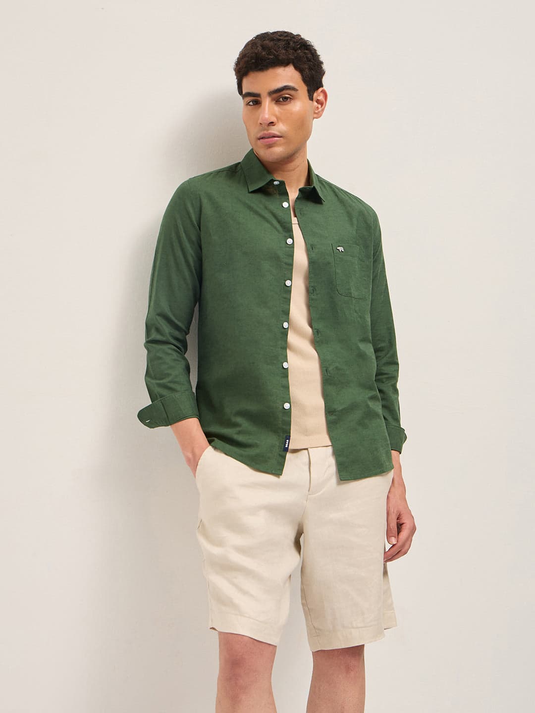 Men's Green Cotton Linen Slim Fit Solid Casual Shirt