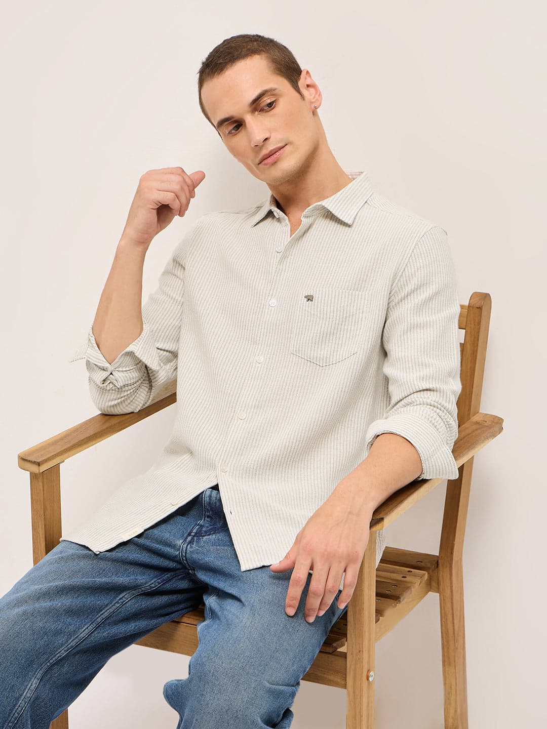 Men's Green Slim Fit Woven Pinstripe Casual Shirt