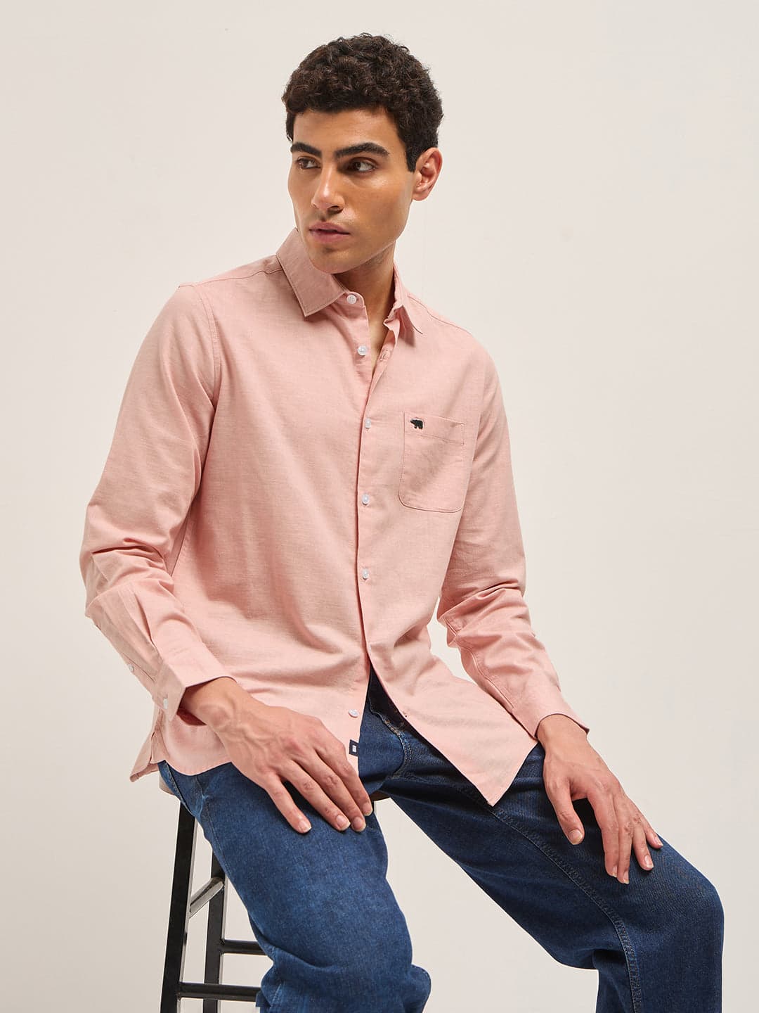 Men's Pink Cotton Linen Slim Fit Solid Casual Shirt